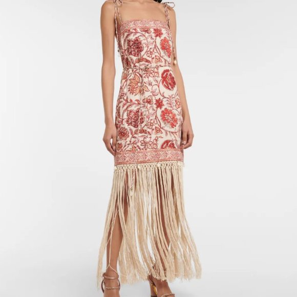 NWT ZIMMERMAN VITALI RED AND CREAM LINEN FLORAL FRINGE DRESS RESORT SIZE 0 XS - Picture 4 of 10
